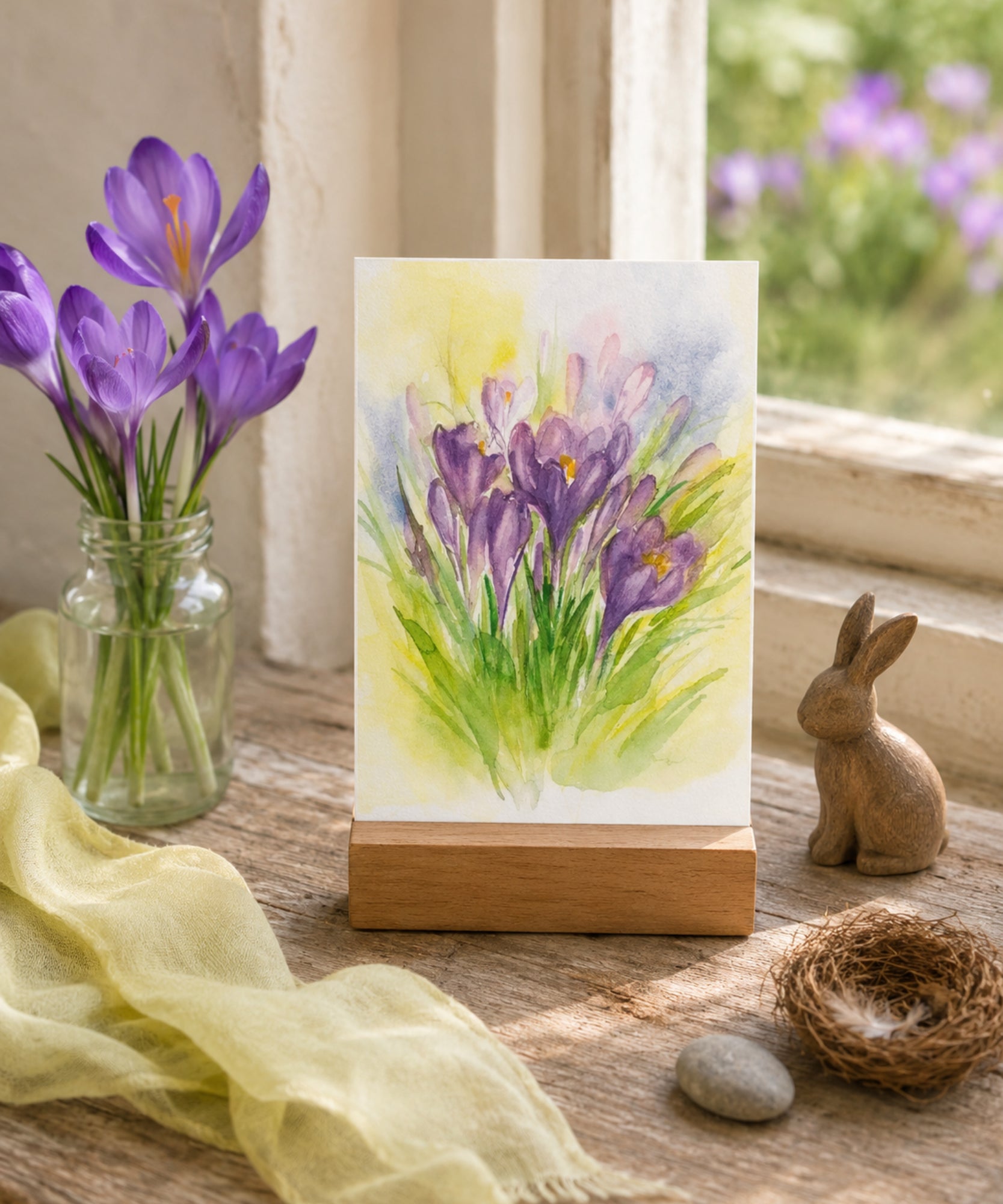 Spring postcard of purple crocuses on a wooden stand, next to a vase with flowers and a rabbit figurine.