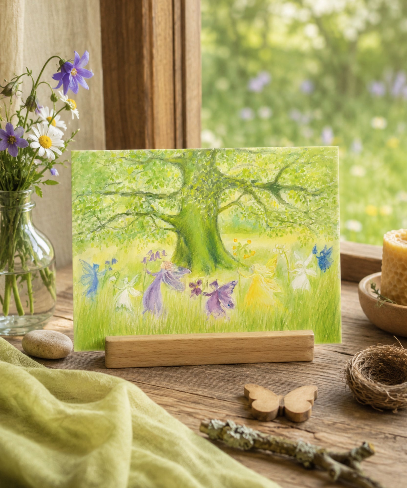 Fairy-themed greeting card on a wooden stand with flowers and nature elements.