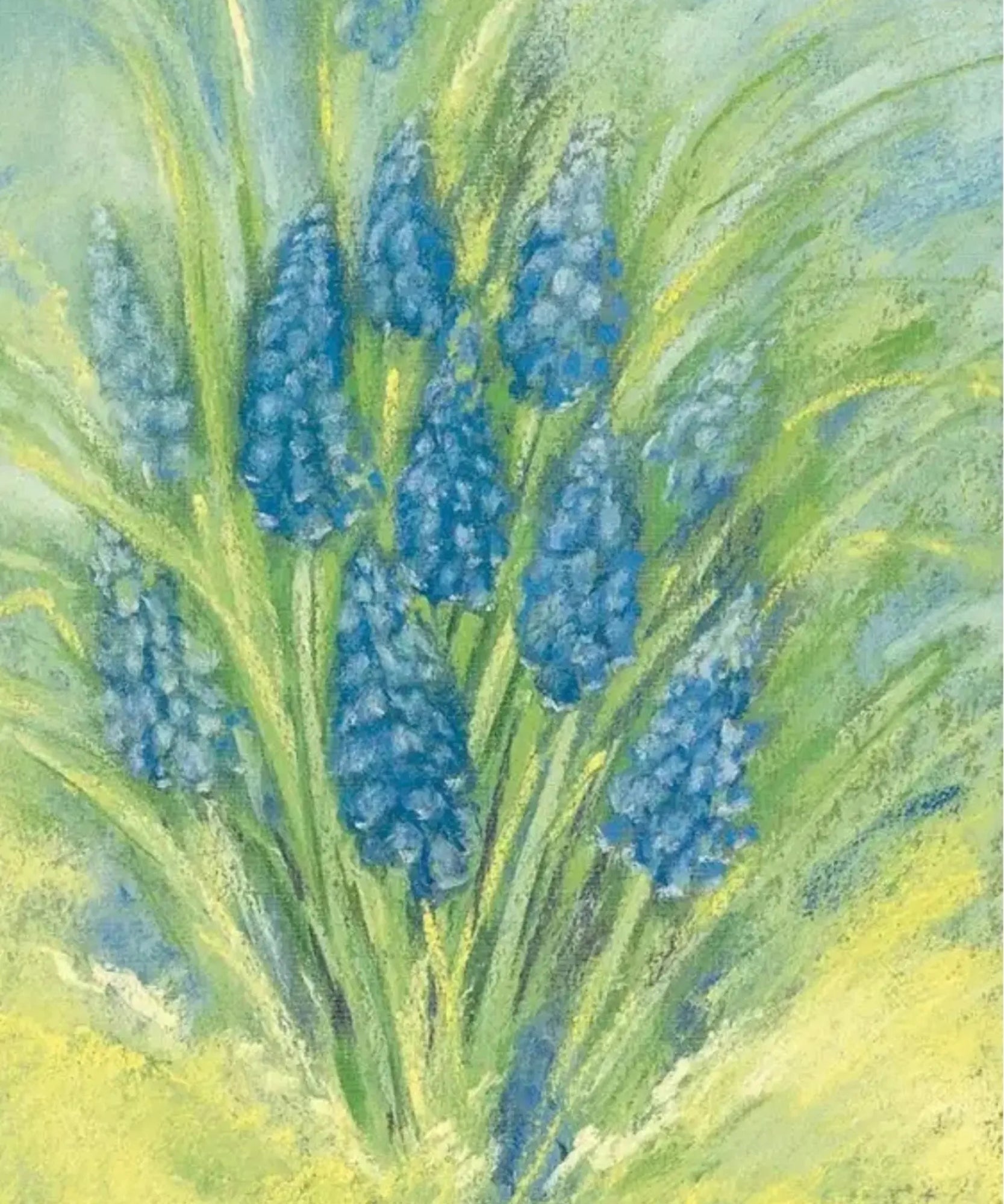 Card with artistic depiction of blue hyacinth flowers with green leaves 