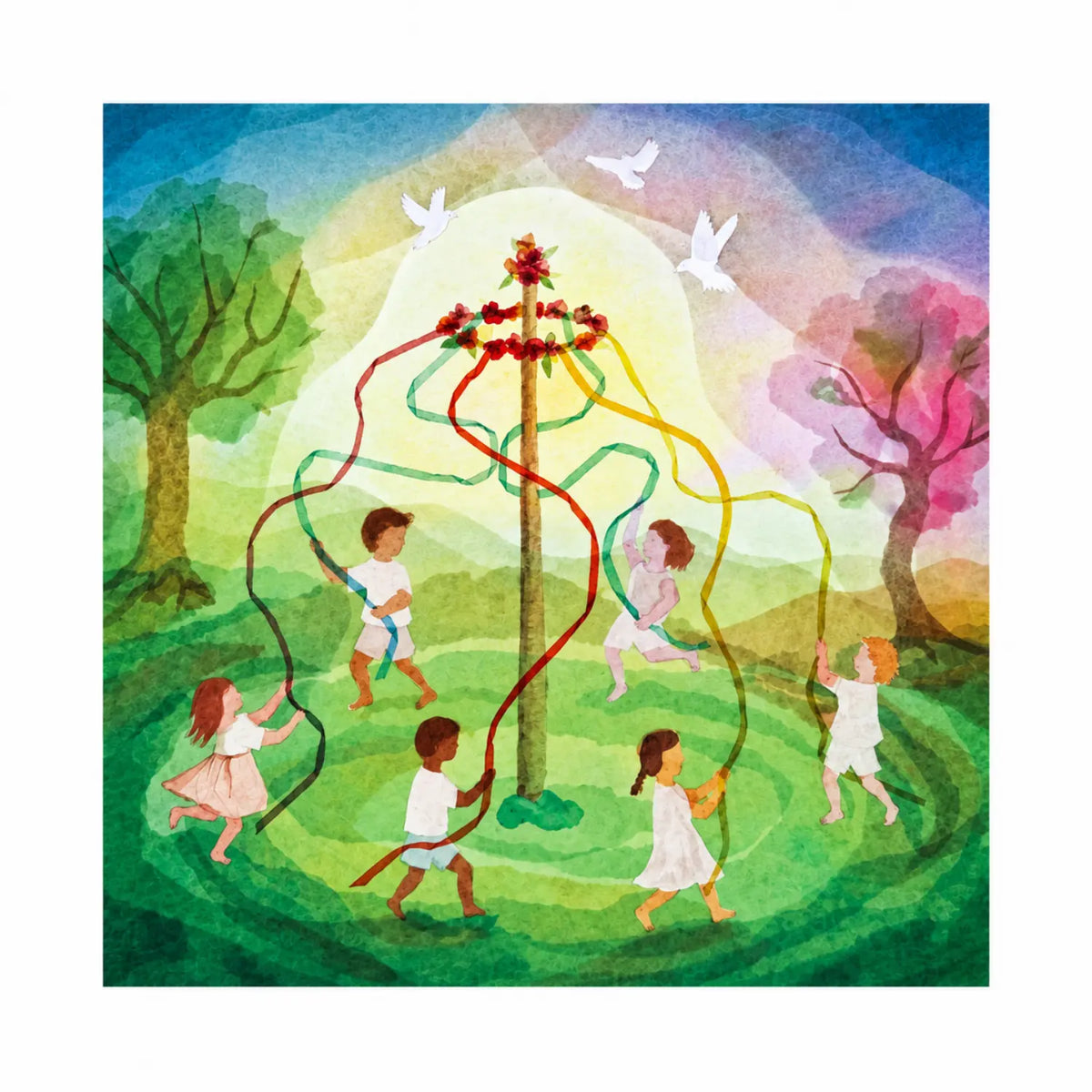 Toverlux Magic Lamp plate silhouette by Vogel Geluk of a spring May Day maypole Ribbon Dance