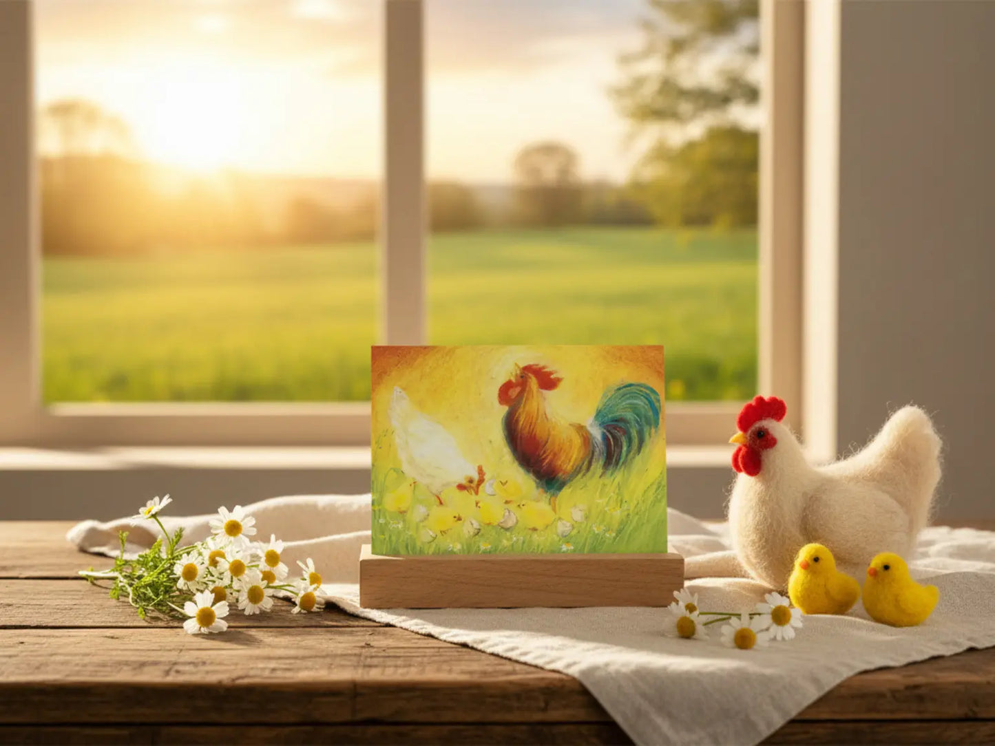 Rooster hen and chicks postcard displayed on a spring nature table with seasonal decor