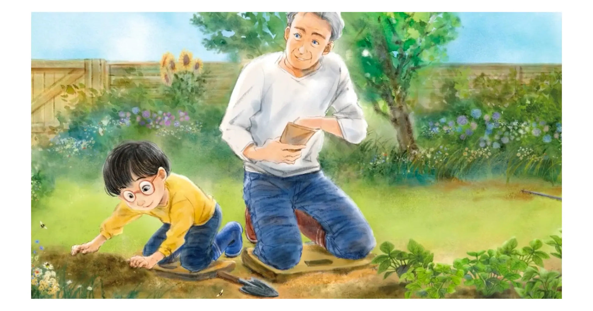 An illustration from The Bumblebee Garden of a child and a grandfather planting seeds in a garden