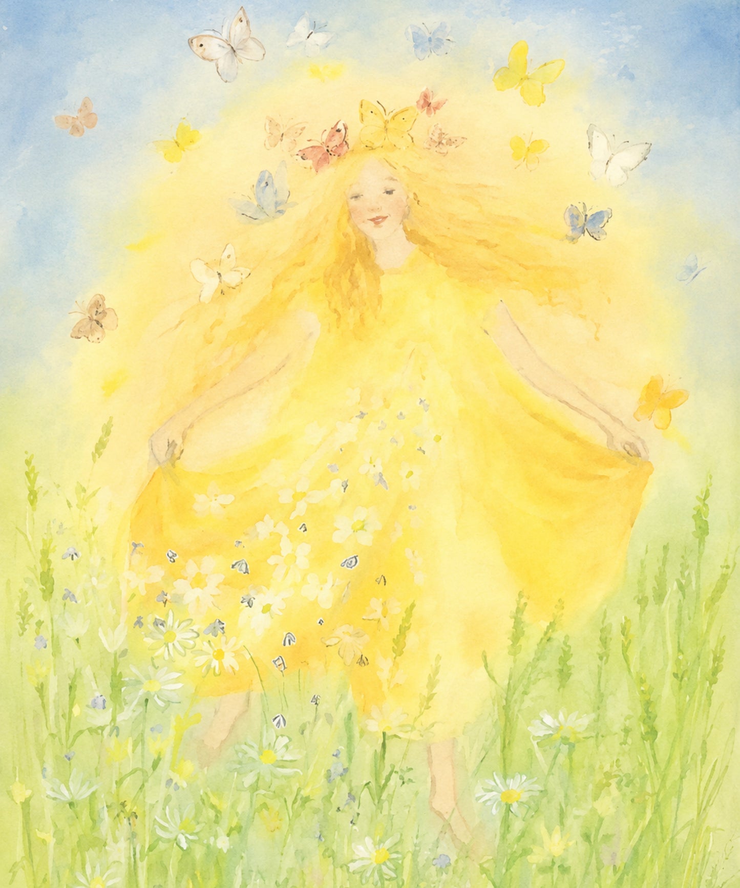 Girl with long yellow hair and a yellow dress surrounded by butterflies and flowers in a field.
