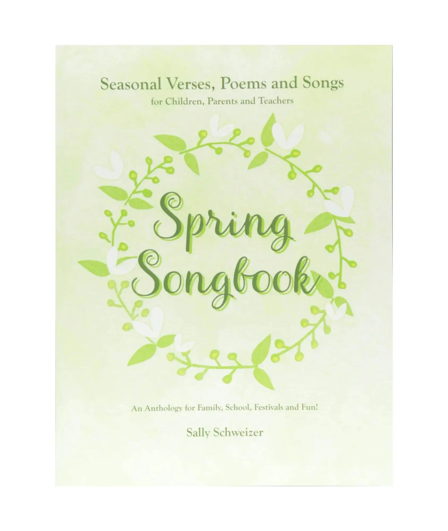 Spring Songbook cover with green leaves and text on a light green background