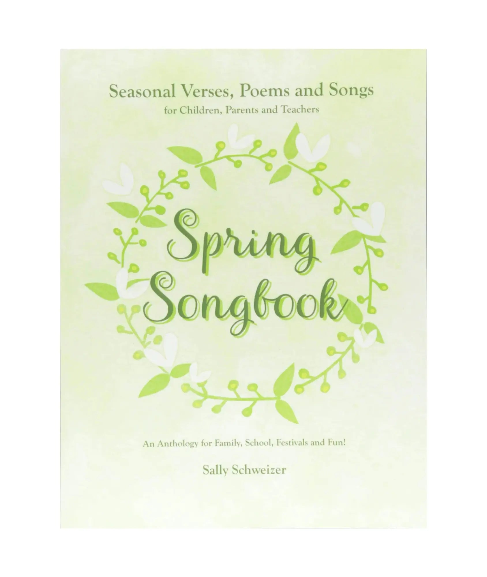 Spring Songbook cover with green leaves and text on a light green background