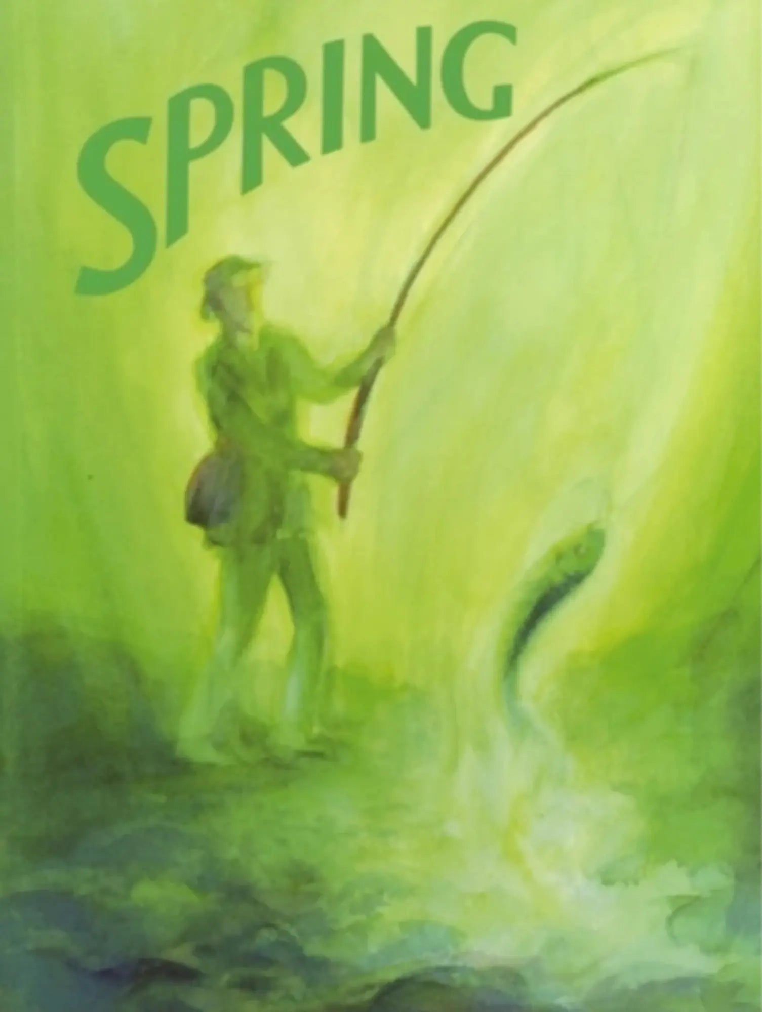 Illustration of a person with a fishing rod in a river with 'SPRING' text above.
