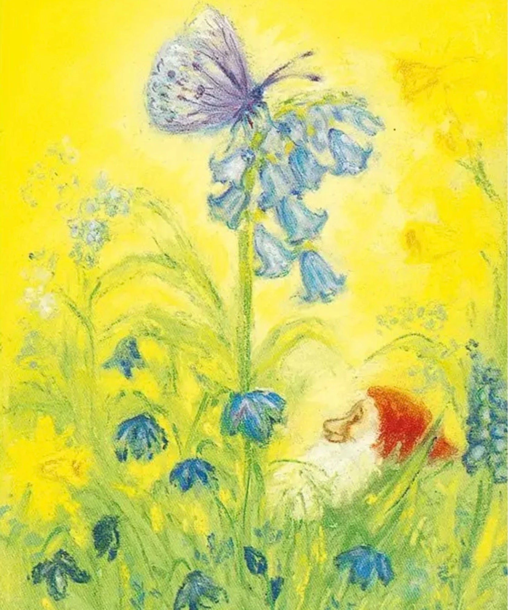 Illustration of a butterfly and a among flowers gnome n a yellow background