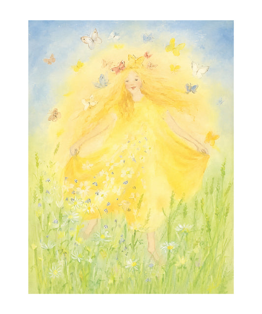 Illustration of a girl with long yellow hair surrounded by butterflies and flowers in a field.