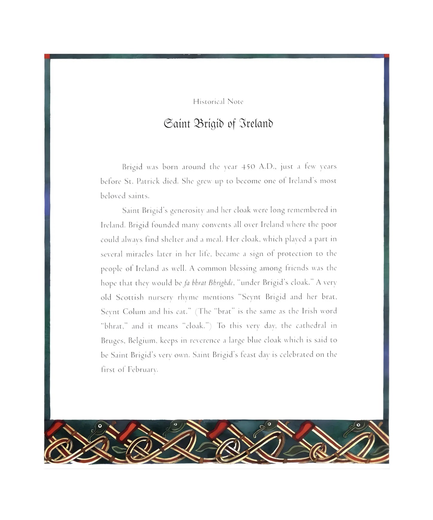 Text about Saint Brigid of Ireland with decorative frame and border