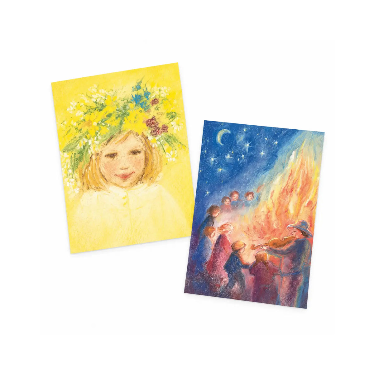 Two St. John's Day postcards by Marjan van Zeyl featuring a child wearing a summer flower wreath and a midsummer bonfire celebration, arranged on a white background.