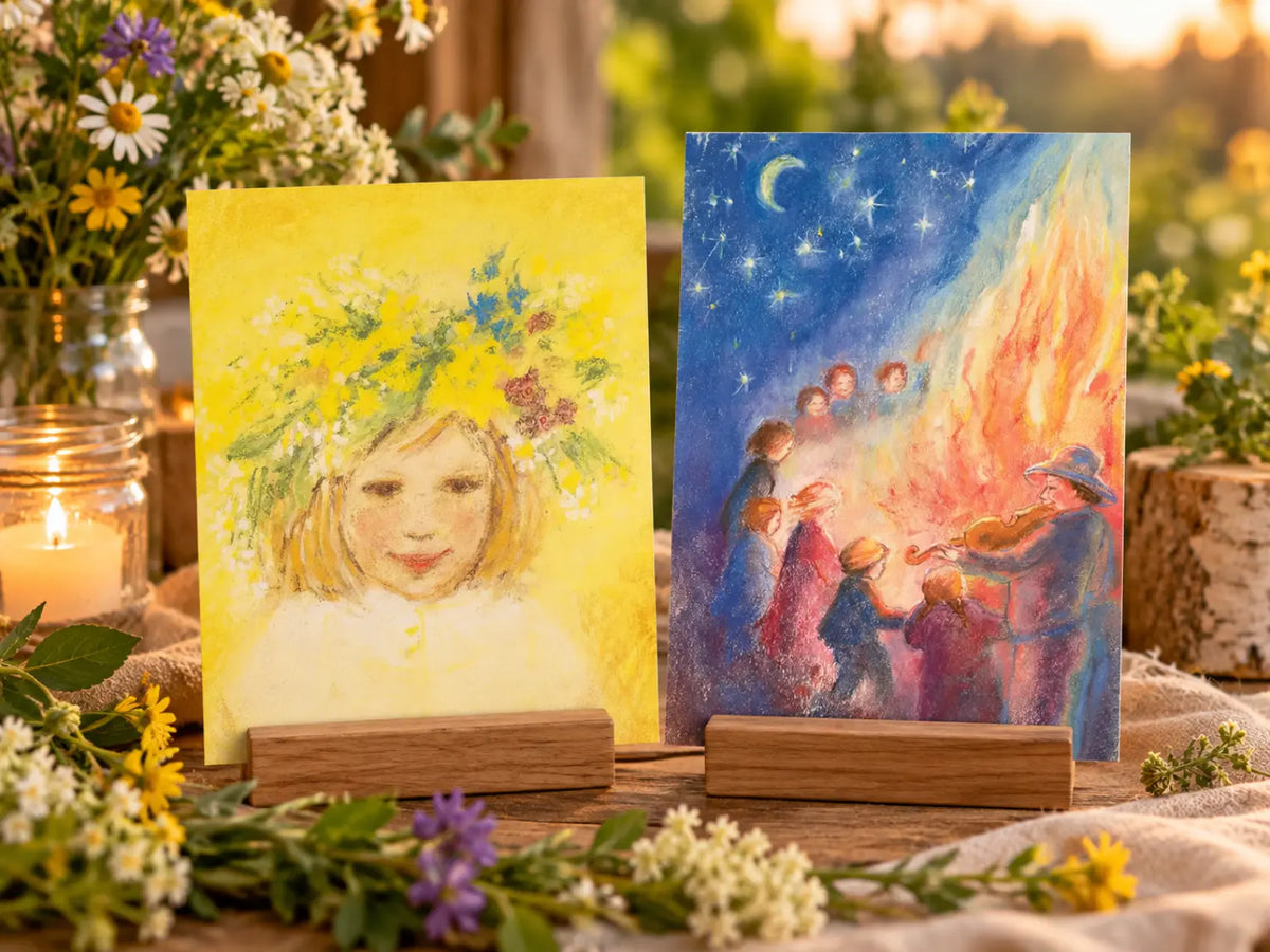 Two St. John's Day postcards by Marjan van Zeyl featuring arranged on a sunlit table with flowers