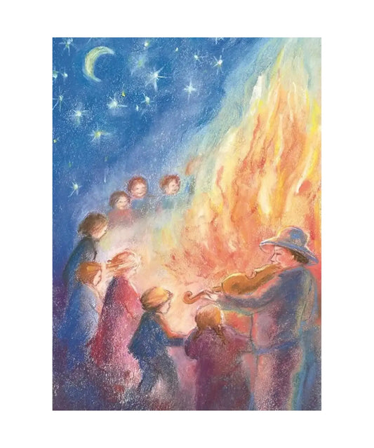 Illustration of children and adults around a bonfire for St. John's fire celebration in midsummer
