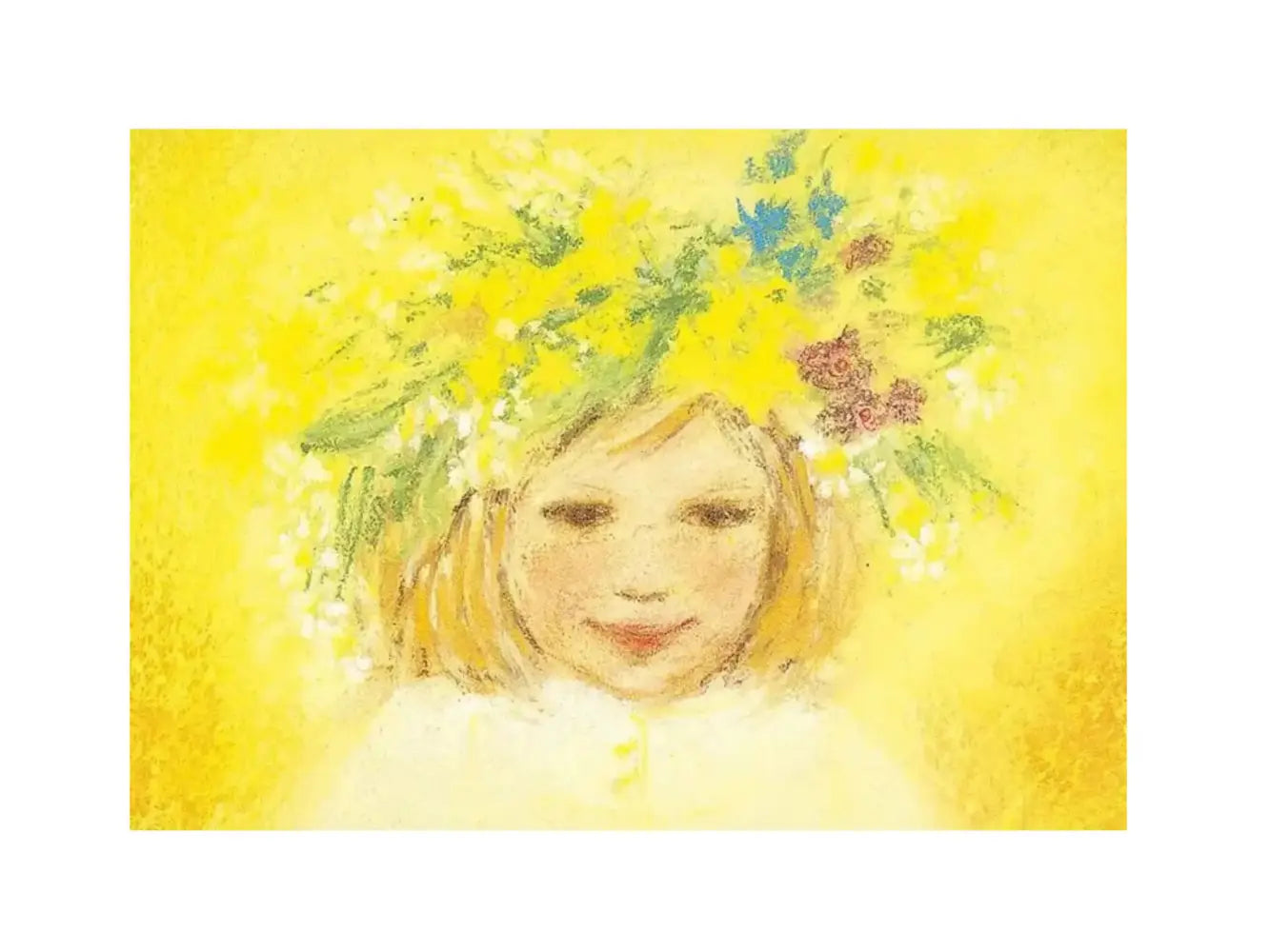 St. John’s Wreath postcard by Marjan van Zeyl featuring a child with a summer flower crown