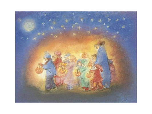 St. Martin’s Procession postcard of children carrying glowing lanterns beneath a starry sky