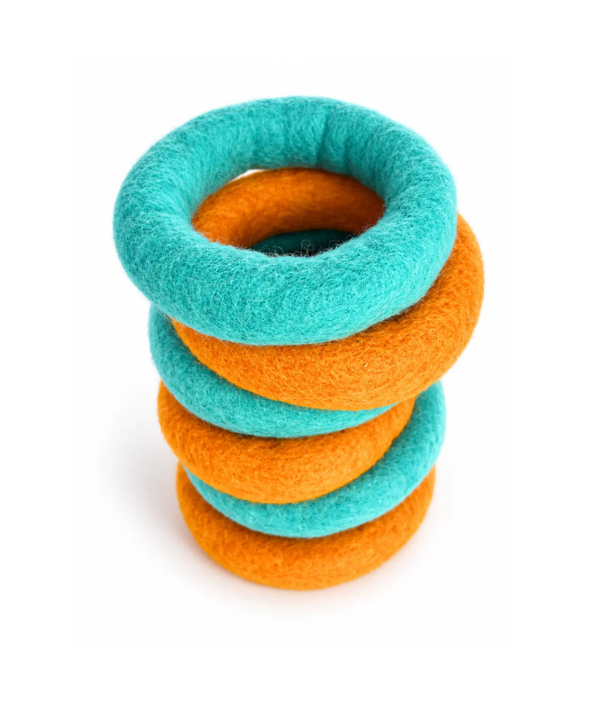 Set of six wool felt rings stacked in alternating teal and orange.