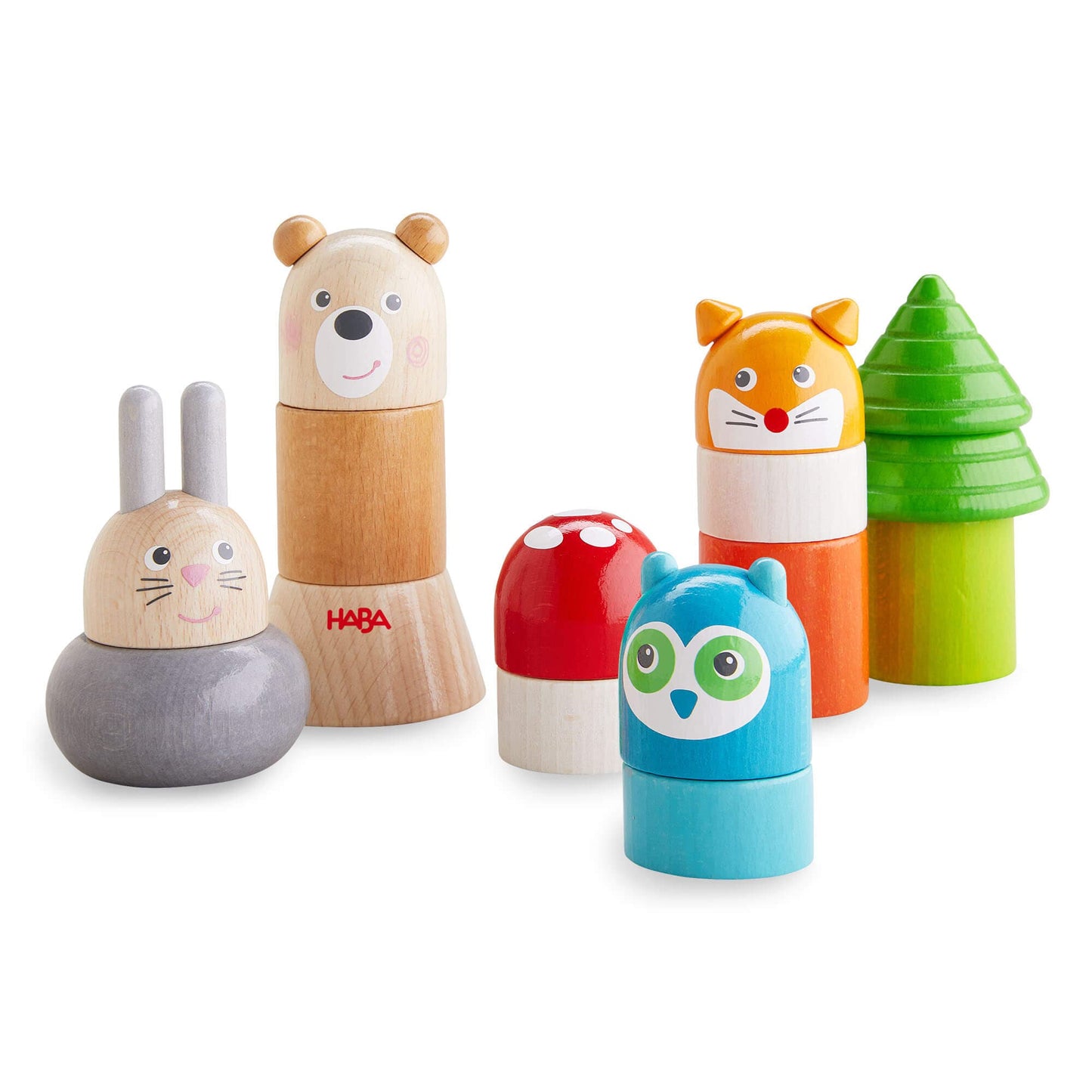 Set of colorful wooden animal toys with HABA logo on a white background