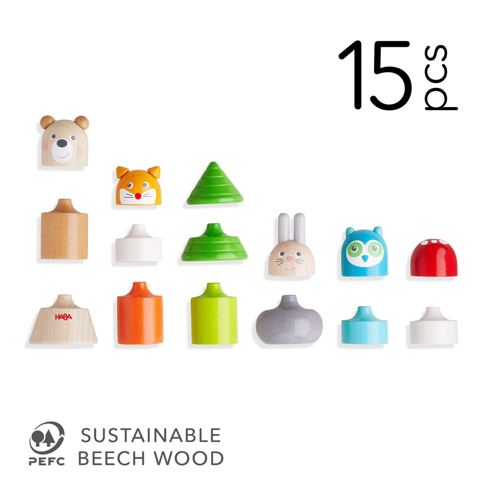 Set of 15 wooden toys with animal faces on a white background, featuring the PEFC logo.