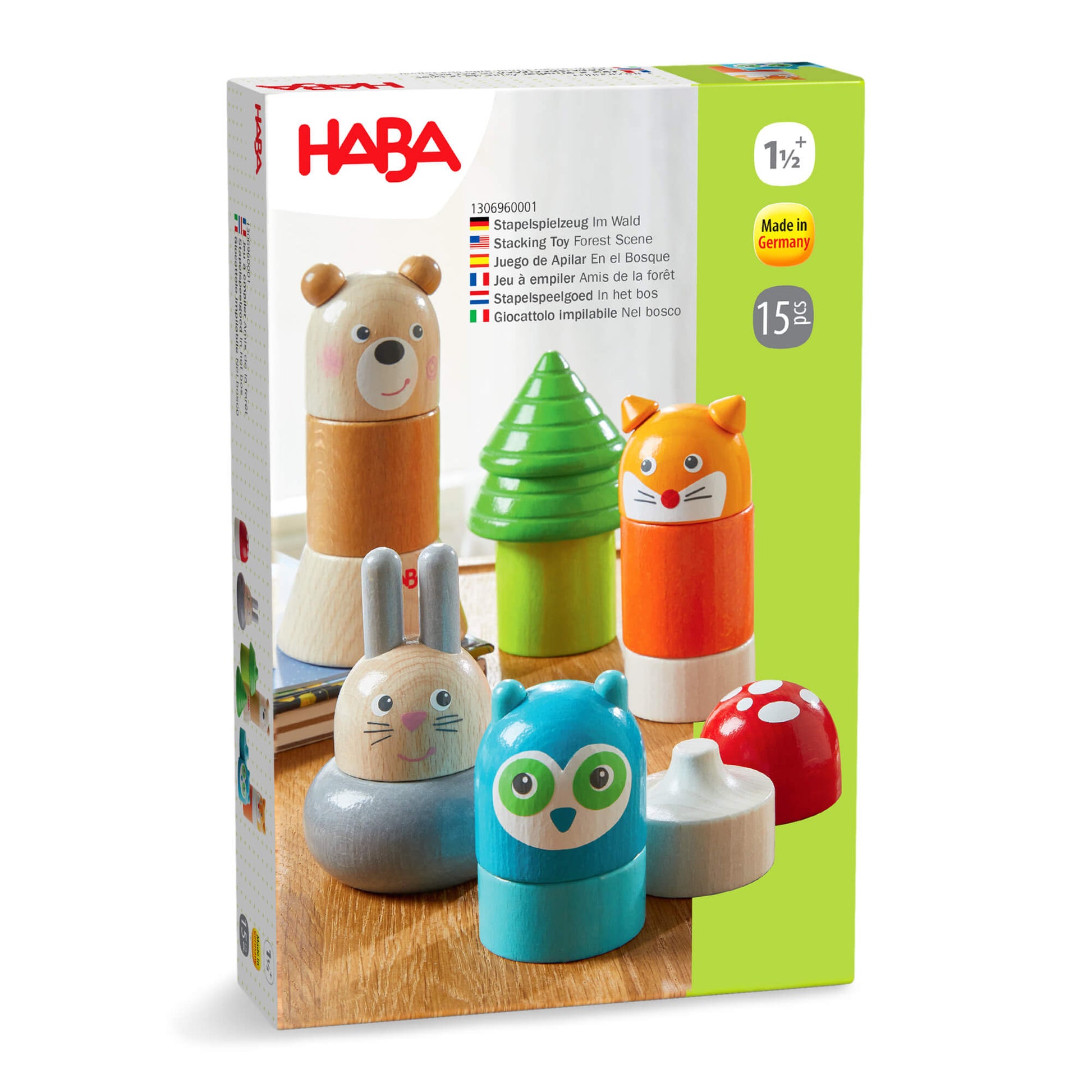 HABA toy packaging with colorful animal-shaped stacking toys on a white background