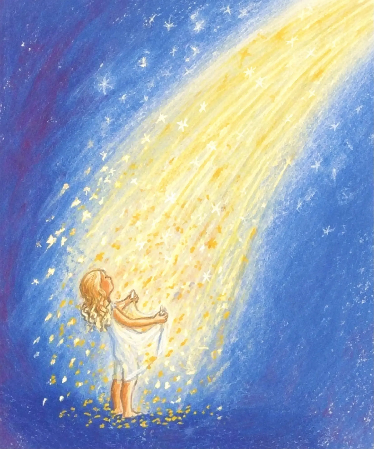 Marjan van Zeyl's Star Money fairy tale illustration of a young girl beneath a shower of golden stars against a blue-violet night sky.