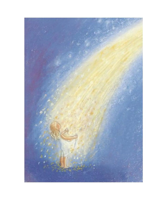 Illustration of a child holding a bright comet against a blue sky.