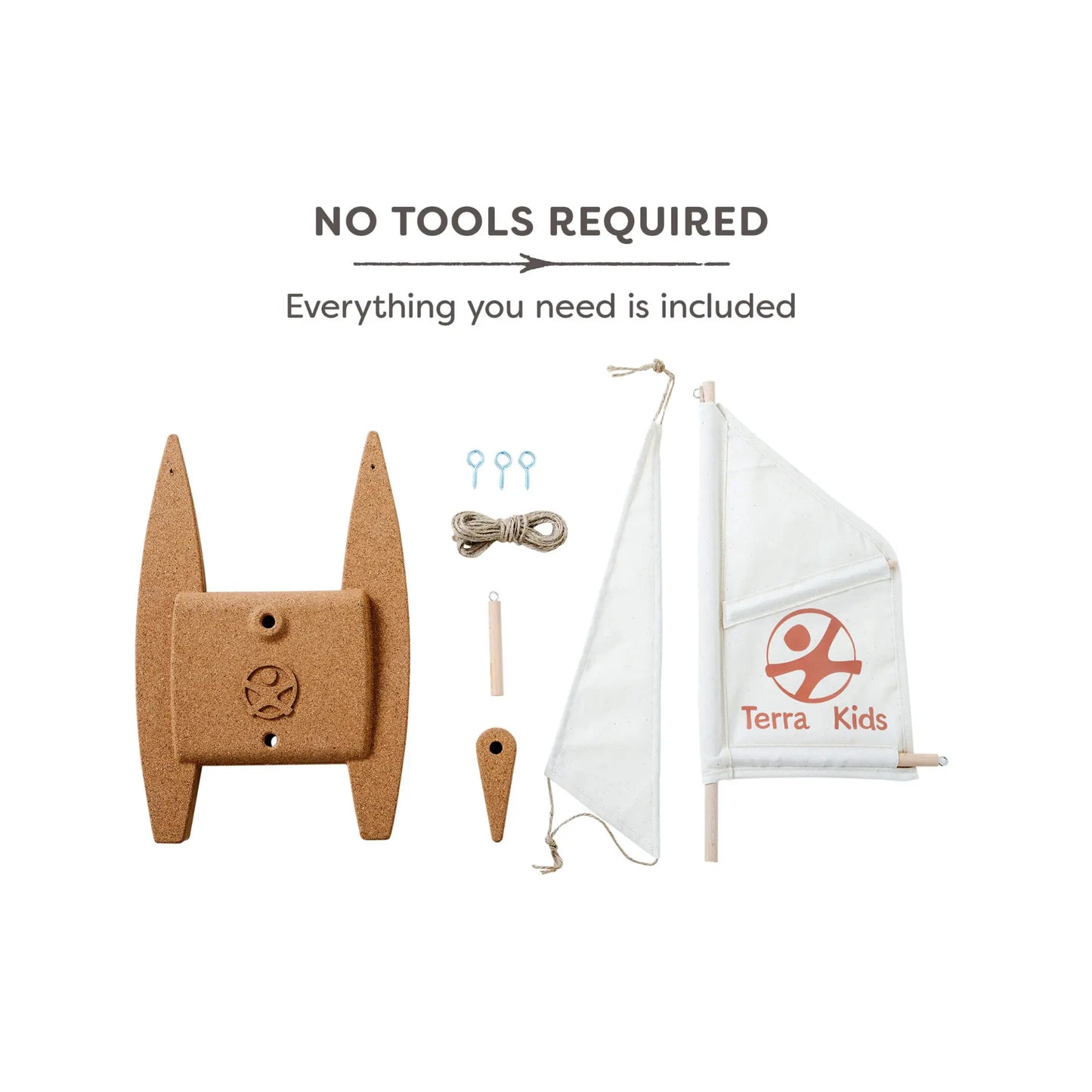 Sailboat kit with wooden sailboat and white sail featuring 'Terra Kids' logo on a white background.