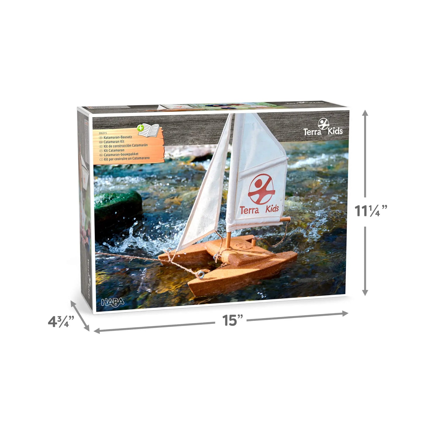 Model sailboat in a box with dimensions and Terra Kids branding.
