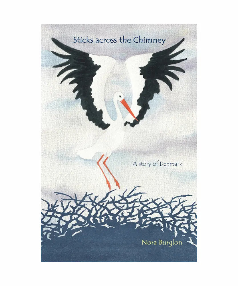 Book cover of 'Sticks across the Chimney' with a stork illustration on a blue and white background.