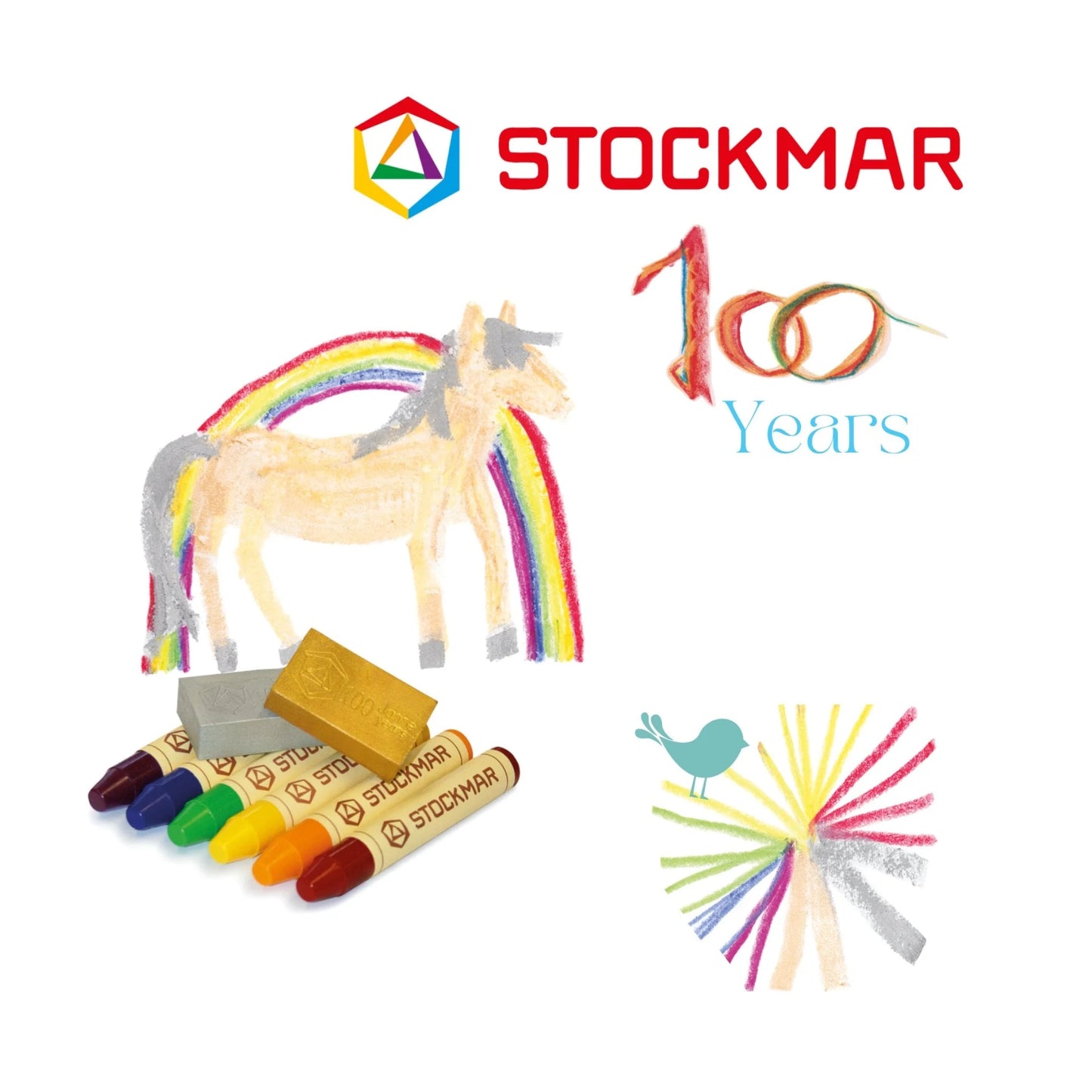 Stockmar 100 year rainbow edition beeswax crayons with horse and rainbow anniversary design