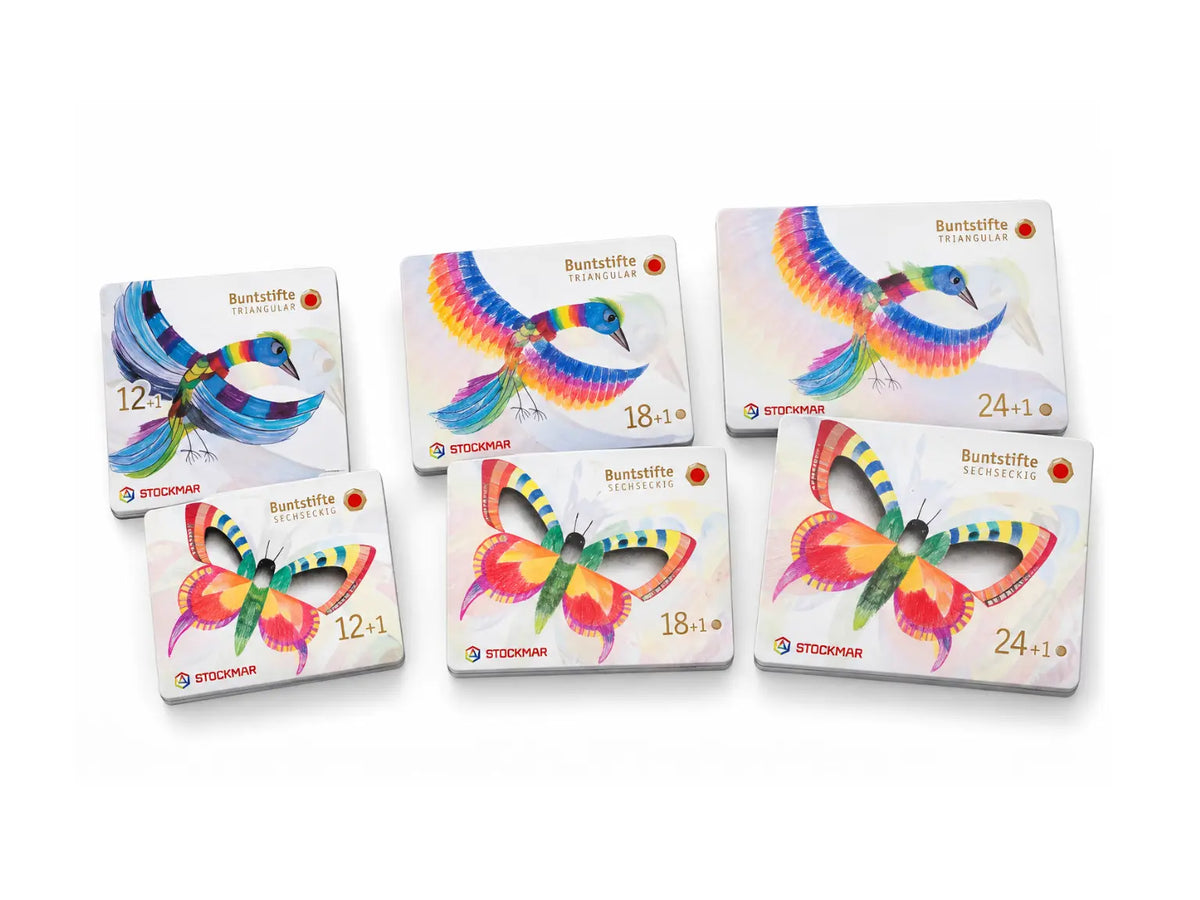 Stockmar colored pencils in 12, 18, and 24 color metal tins with triangular and hexagonal barrel options