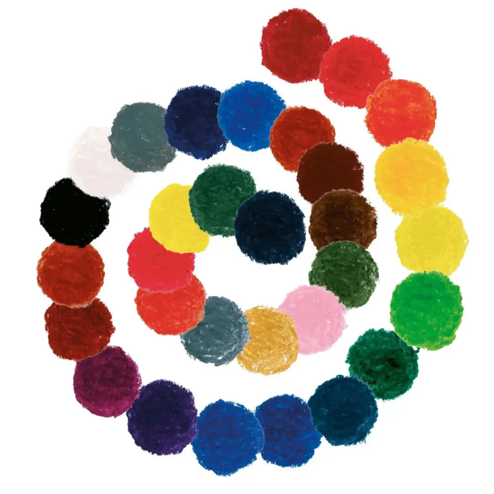 Assorted colorful crayons arranged in a circular pattern on a white background
