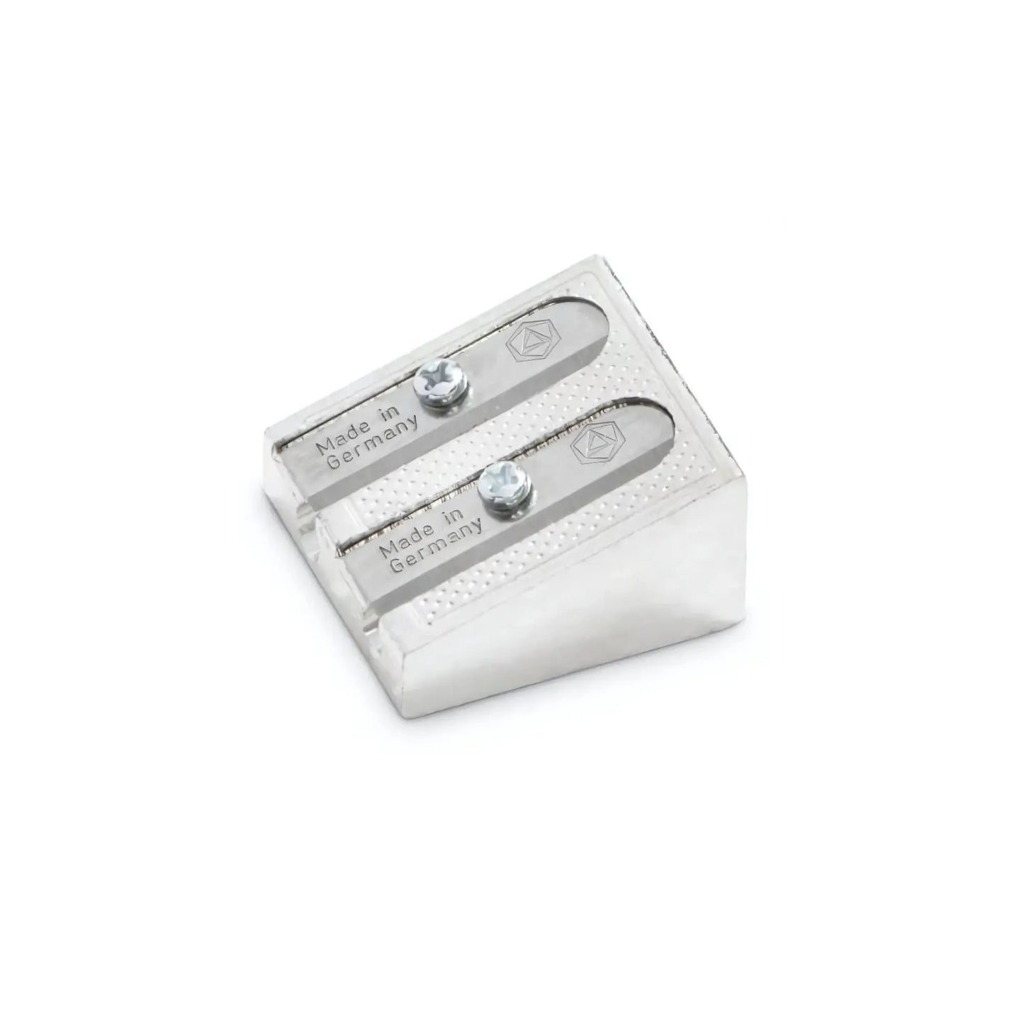 Stockmar dual hole metal pencil sharpener for regular and oversized pencils angled view
