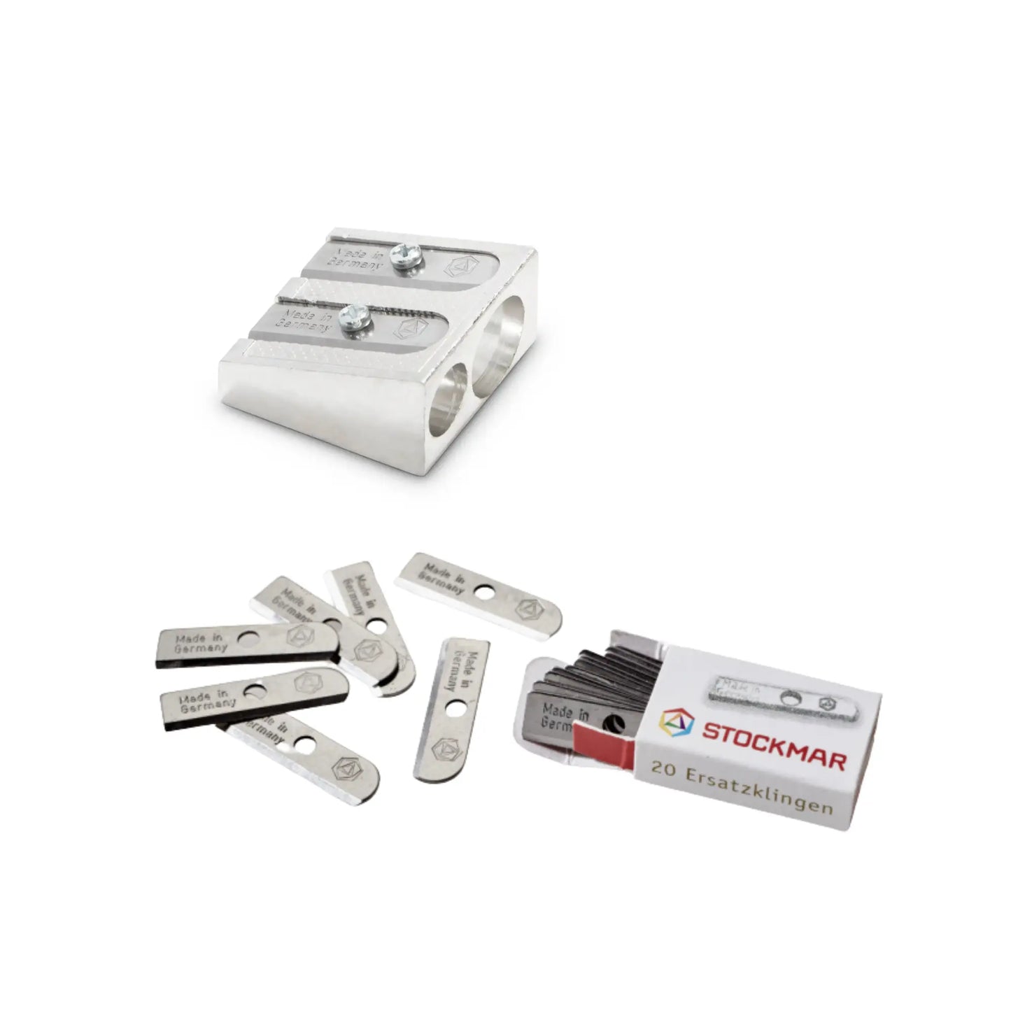 Stockmar metal dual pencil sharpener regular and jumbo holes with replacement blades and box