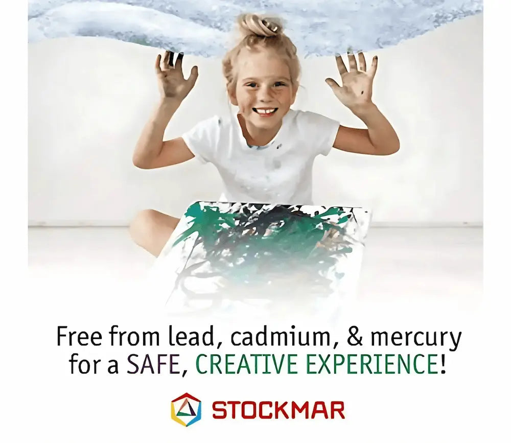 Child playing with water, text about safe materials, and Stockmar logo.