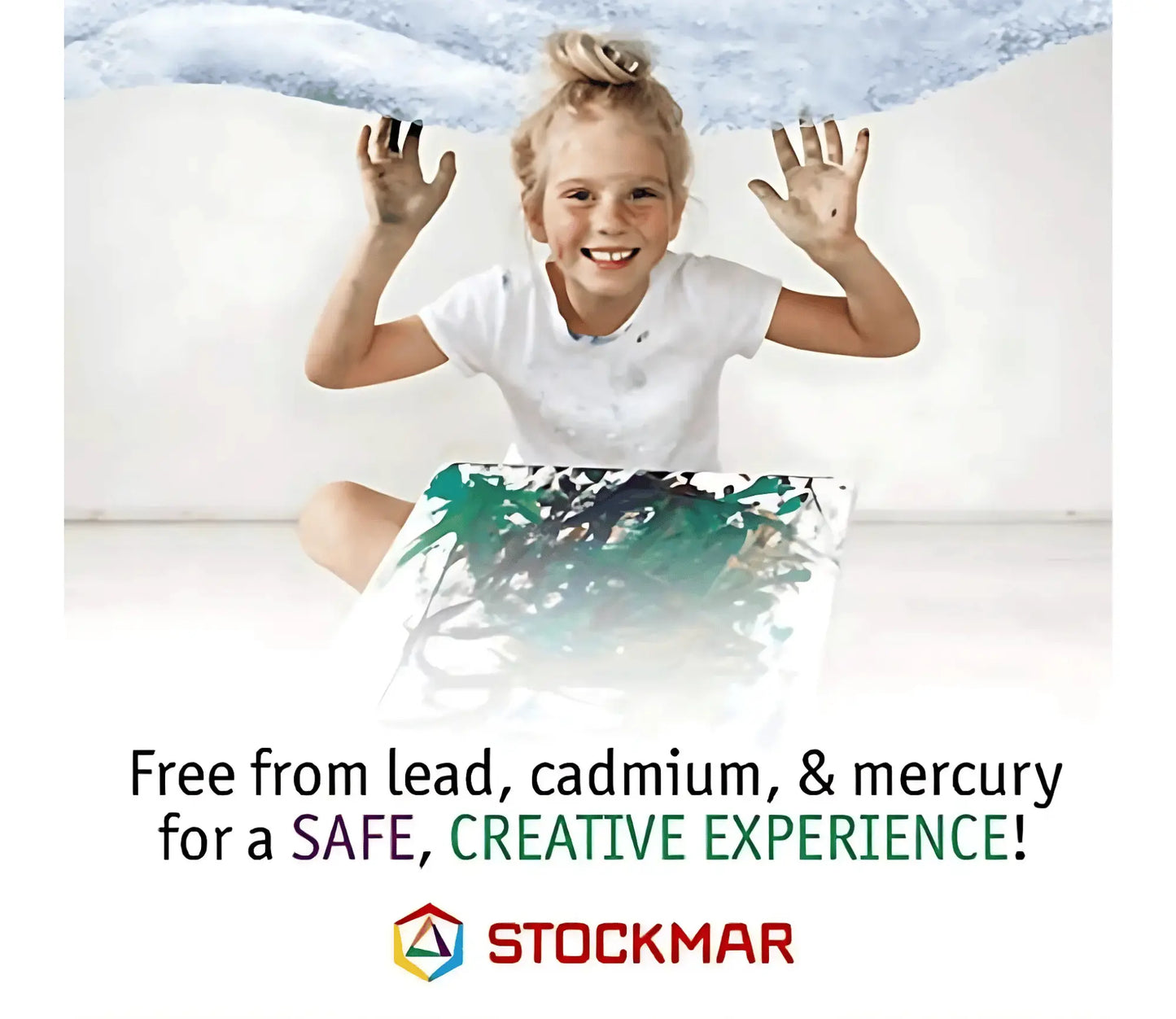 Girl holding up hands with Stockmar painting text free from lead, cadmium, and mercury