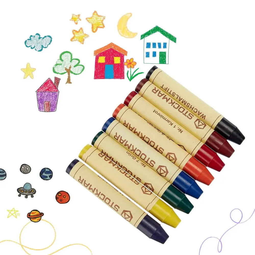 Set of Stockmar crayons with child-like drawings on a white background