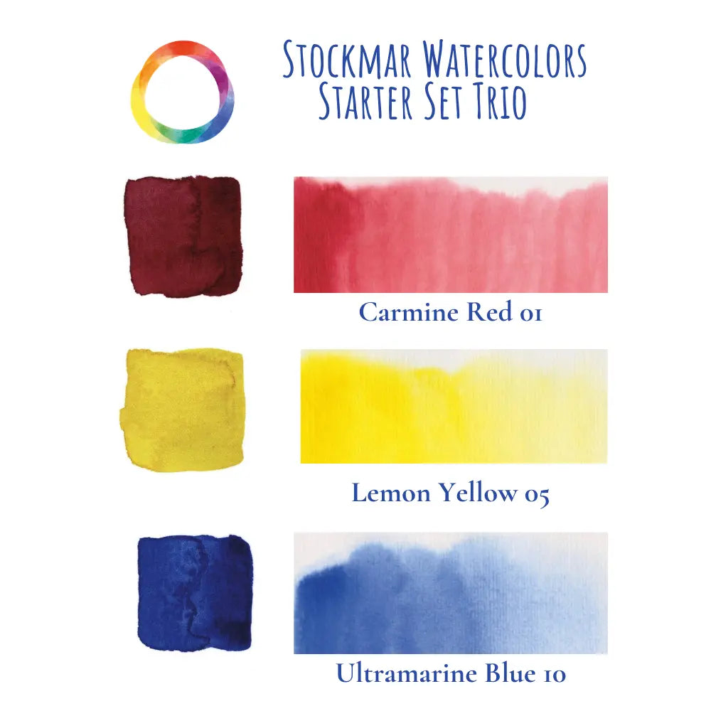 Stockmar Watercolors Starter Set Trio with color swatches of Carmine Red, Lemon Yellow, and Ultramarine Blue on a white background.