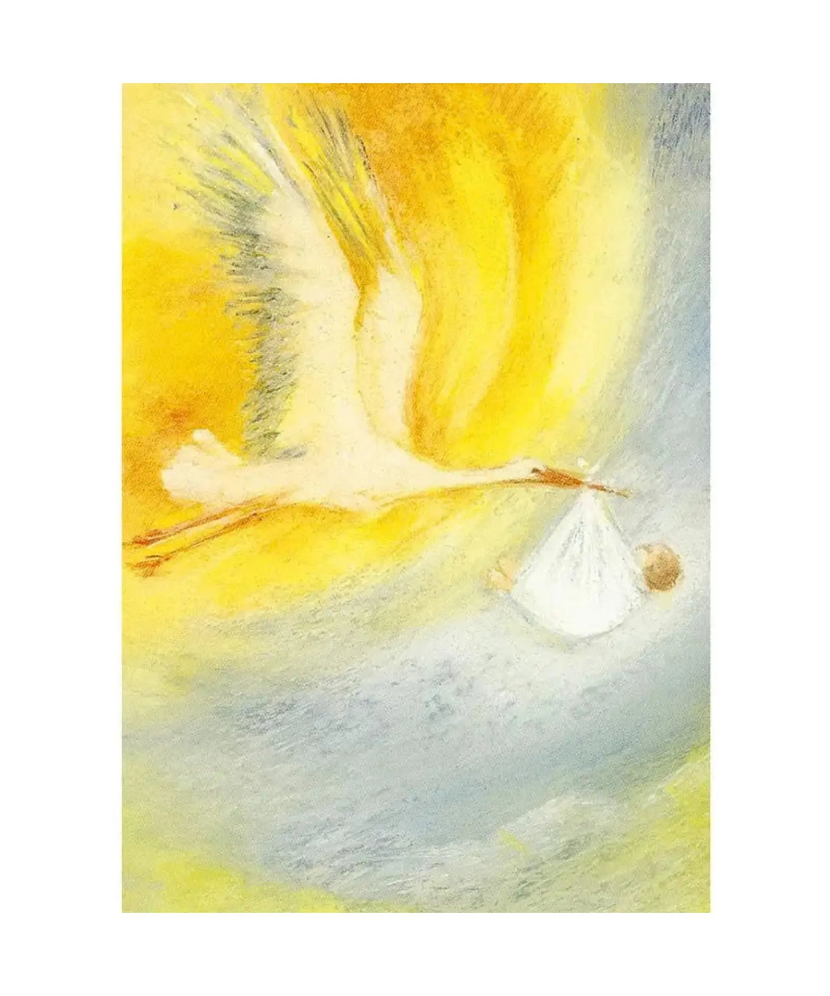 The Stork postcard by Marjan van Zeyl showing a white stork carrying a baby in a cloth bundle through a luminous golden yellow and pale blue sky.