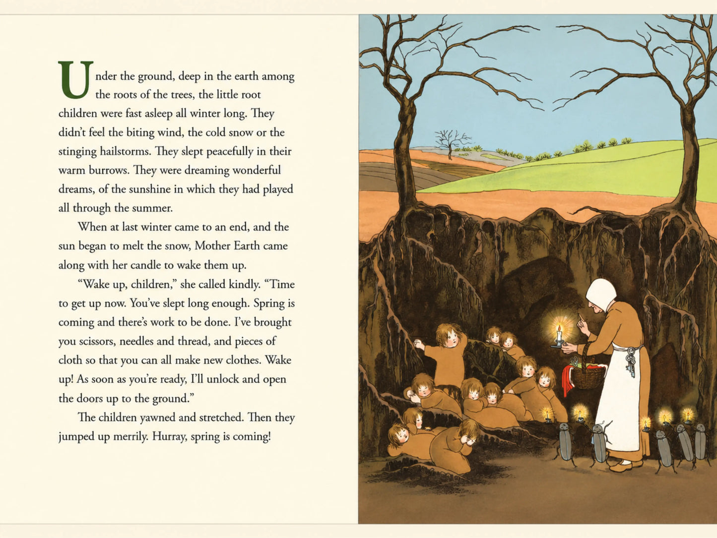 Illustrated spread from The Story of the Root Children showing Mother Earth waking the root children underground