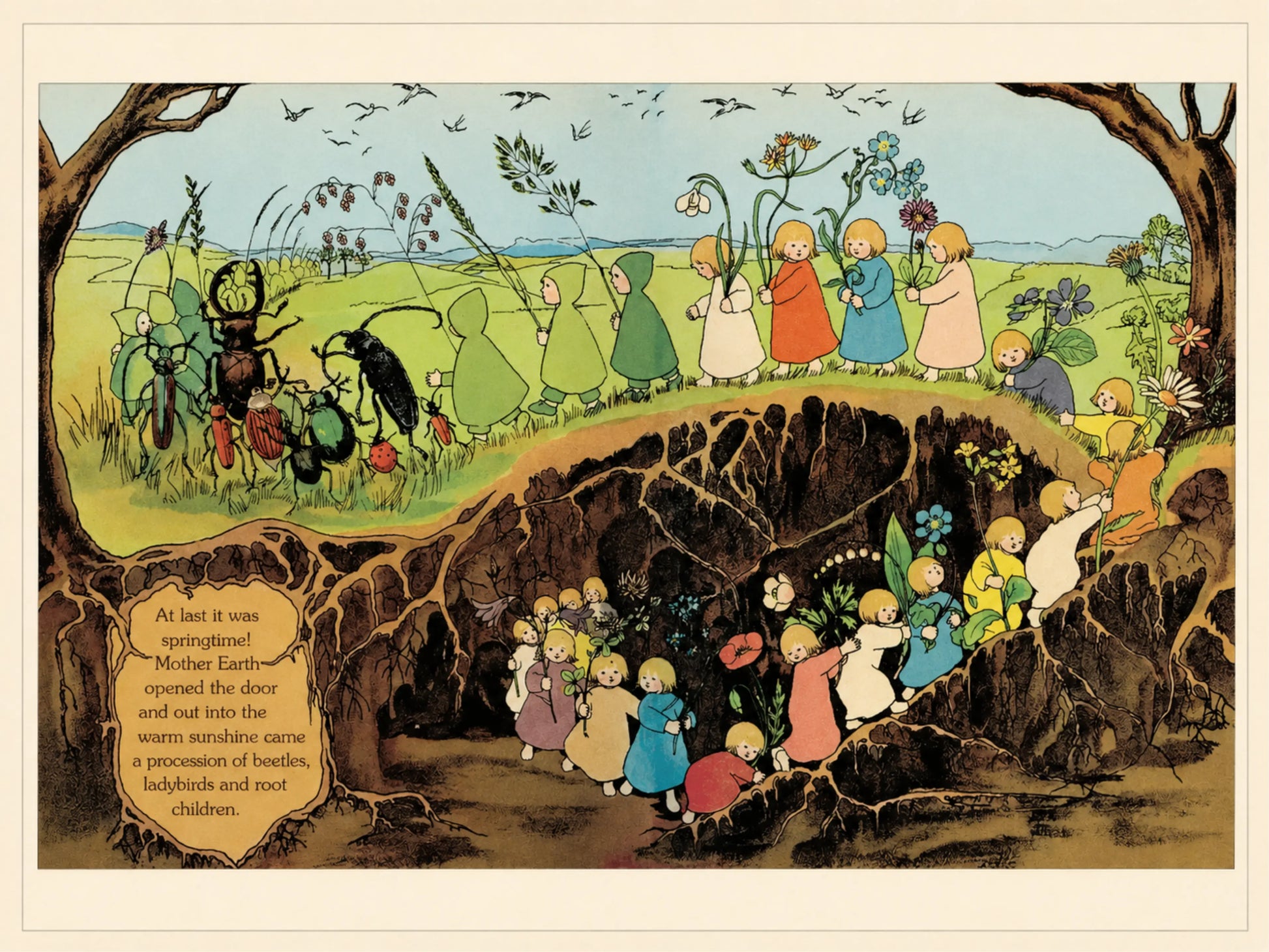 Illustration from The Story of the Root Children by Sibylle von Olfers showing root children, beetles, and ladybirds emerging for spring