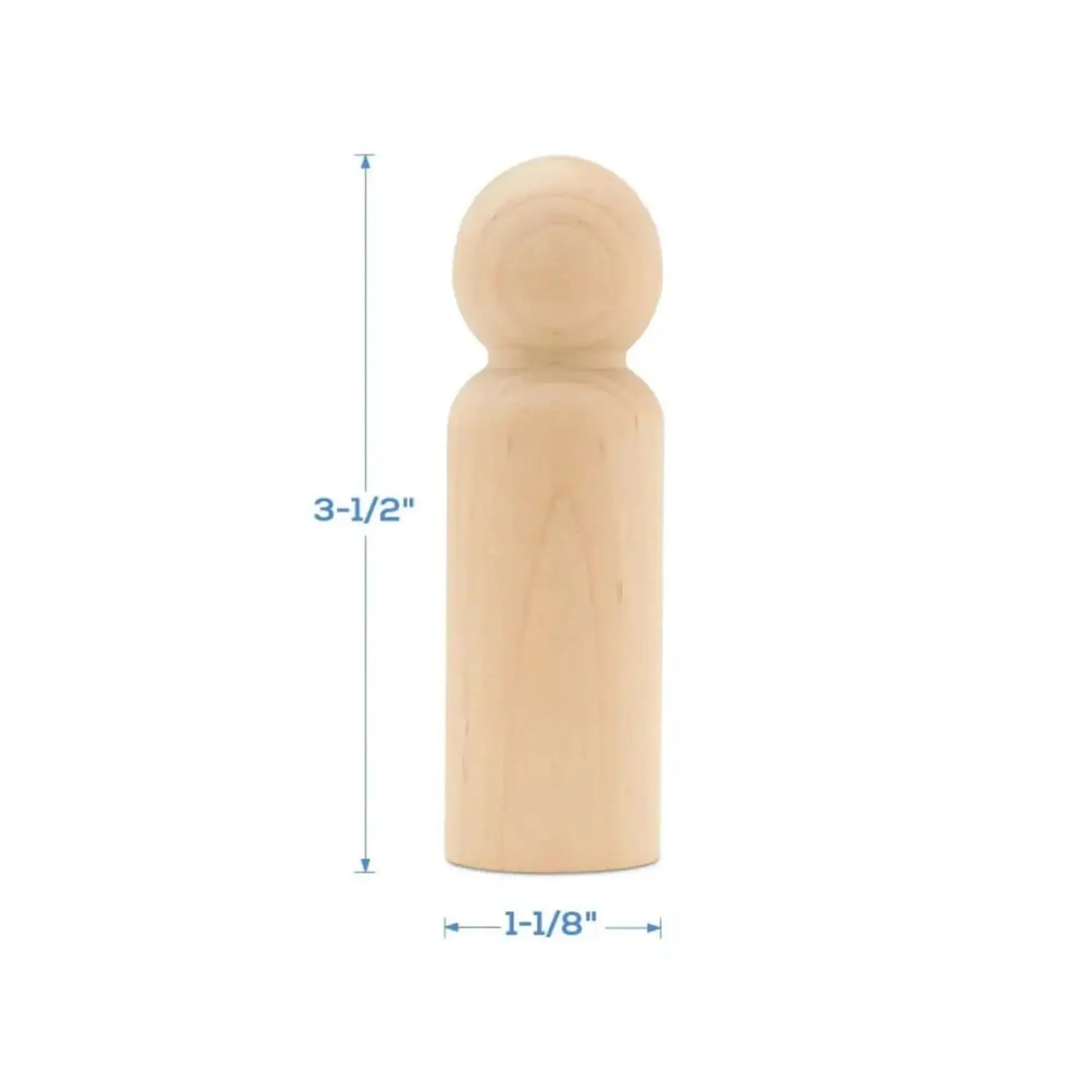 Wooden peg figure with measurements on a white background