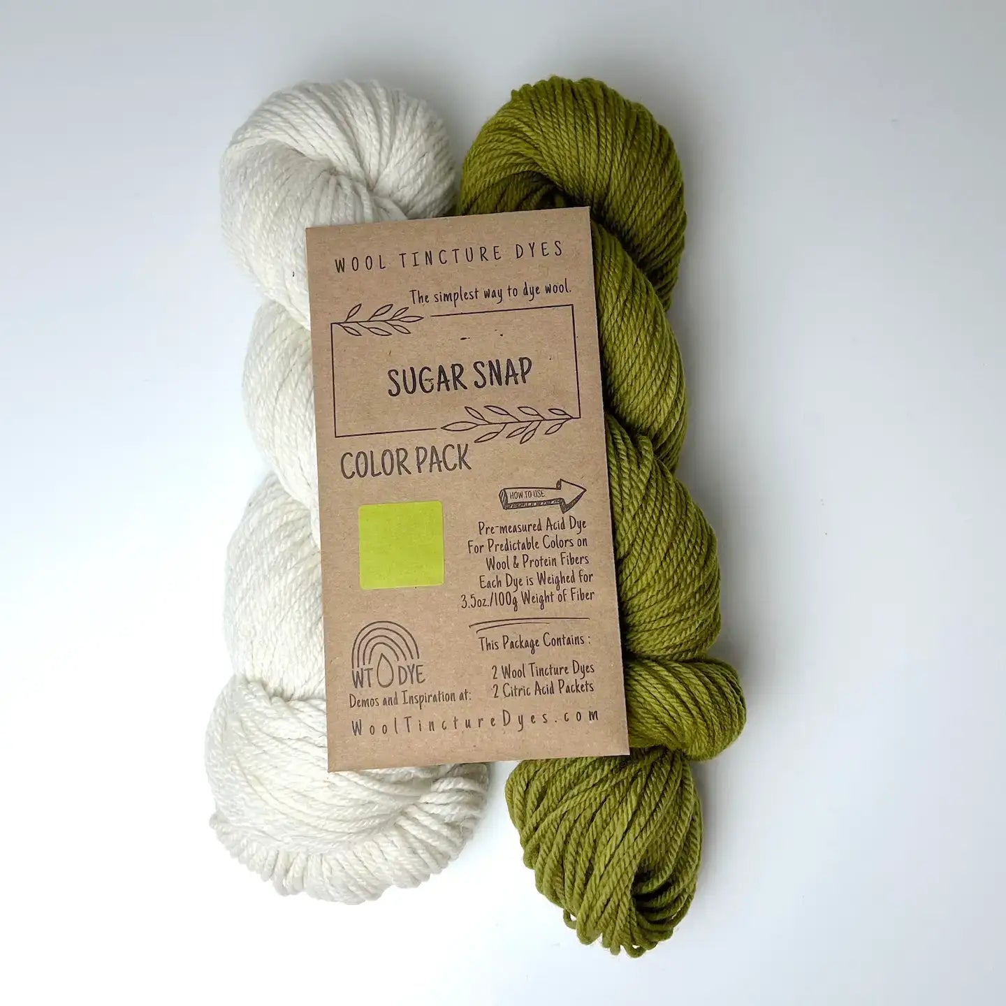 Sugar Snap Wool Tincture tea bag dye color pack with undyed yarn and moss green sample color.
