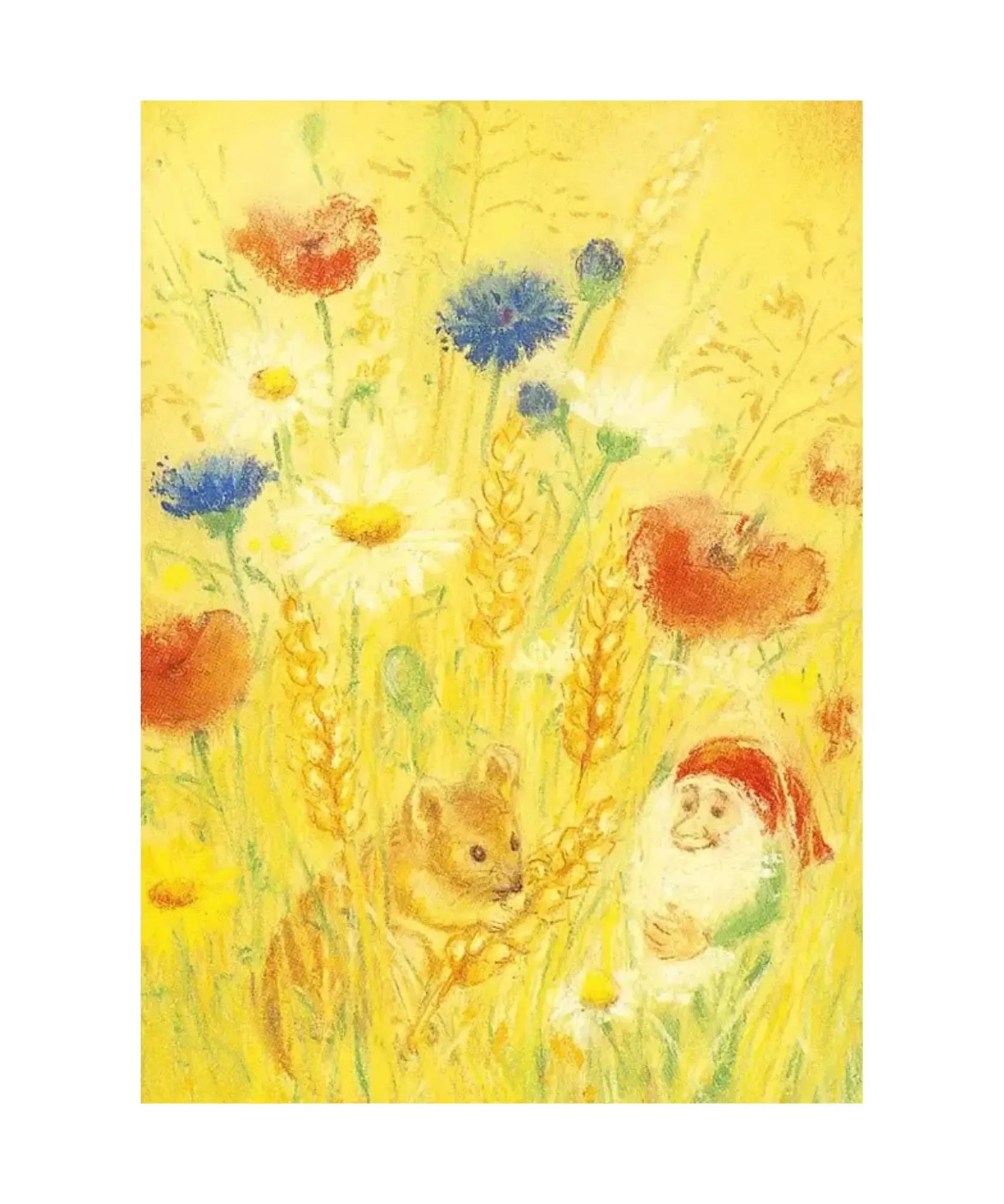 Summer Field postcard by Marjan van Zeyl featuring a tiny mouse, cheerful gnome, golden wheat, and summer wildflowers