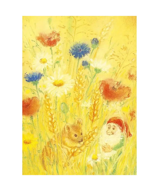 Summer Field postcard by Marjan van Zeyl featuring a tiny mouse, cheerful gnome, golden wheat, and summer wildflowers