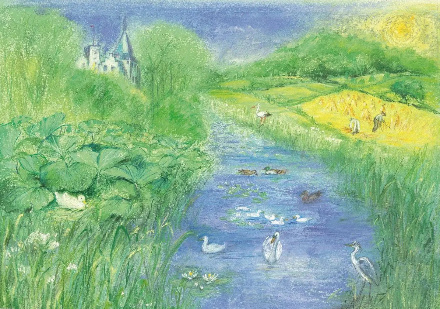 It Was Summer postcard by Marjan van Zeyl featuring ducks, swans, reeds, and a summer countryside stream