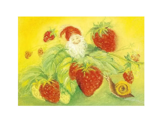 Summer Snail with Gnome postcard by Marjan van Zeyl featuring strawberries, a snail, and a small gnome