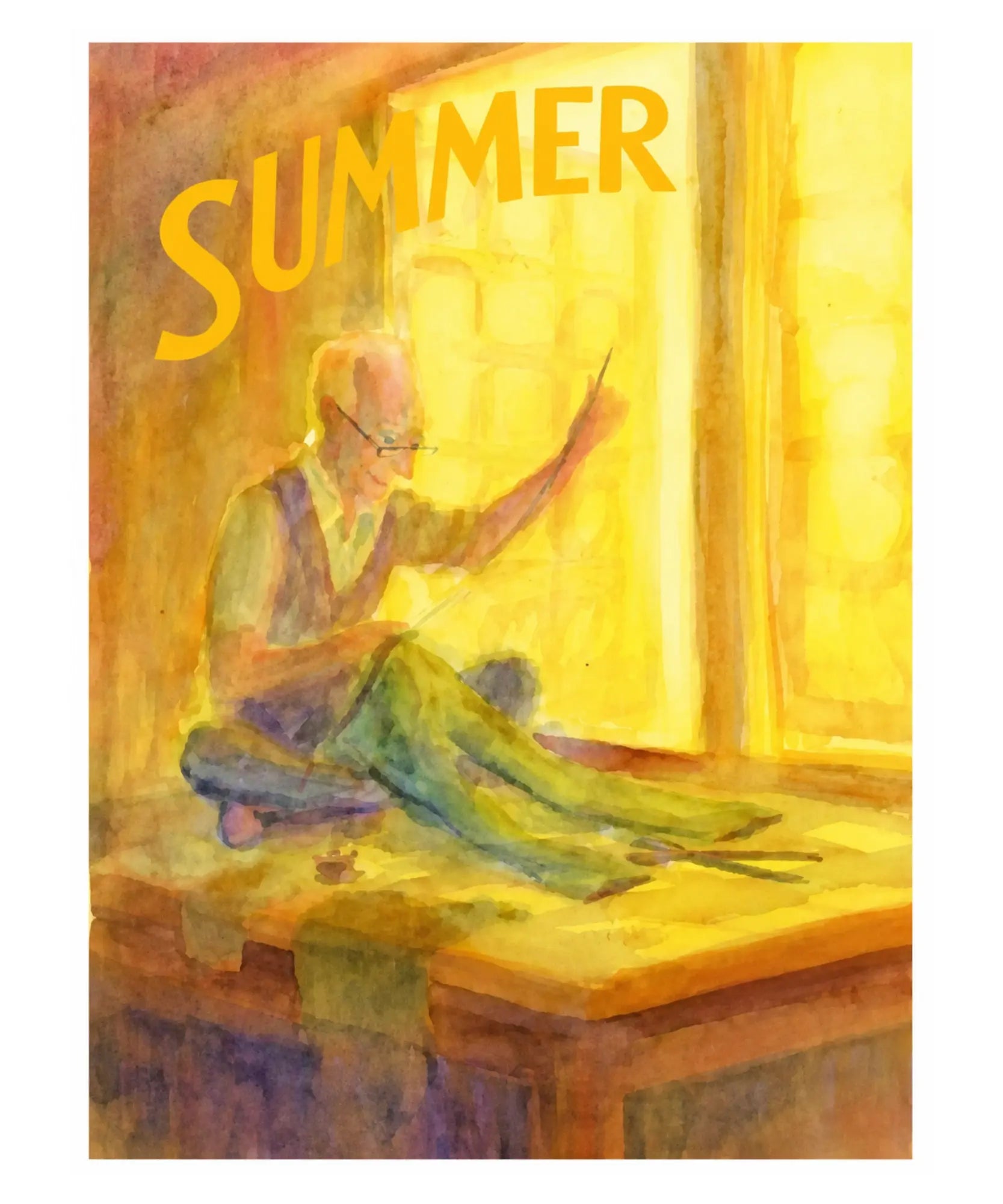 Front cover of Summer with a man sewing as a watercolor from Wynstones Press.