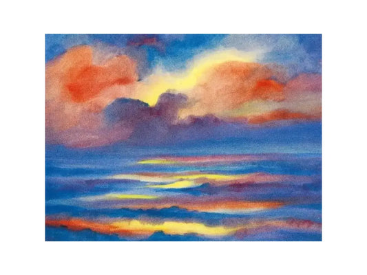 Marjan van Zeyl postcard of a sunset with colorful clouds over water