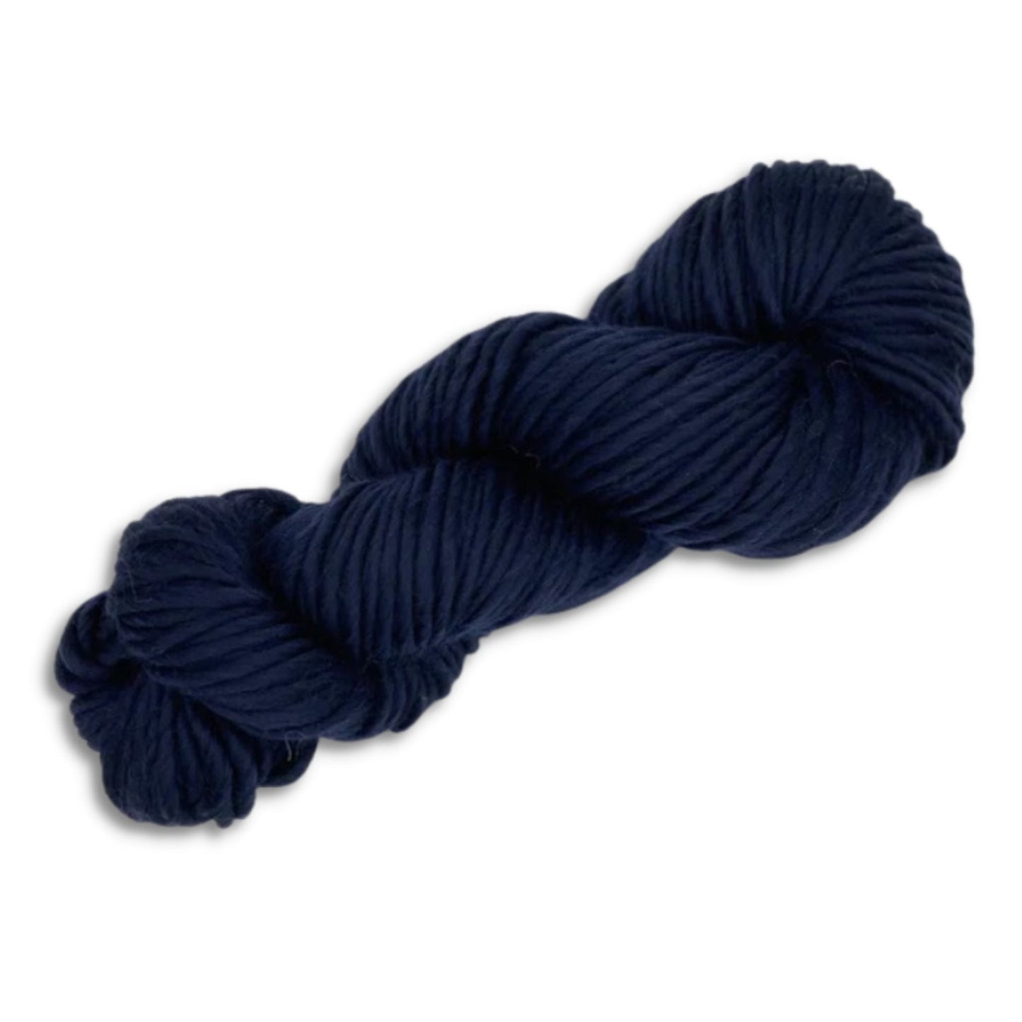 Midnight black skein of super bulky merino yarn on a white background