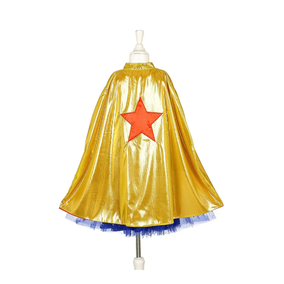 Superhero dress and cape set for kids with tulle skirt and gold cape for dress-up play