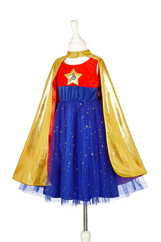 Superhero dress and cape set for kids with tulle skirt and gold cape for dress-up play